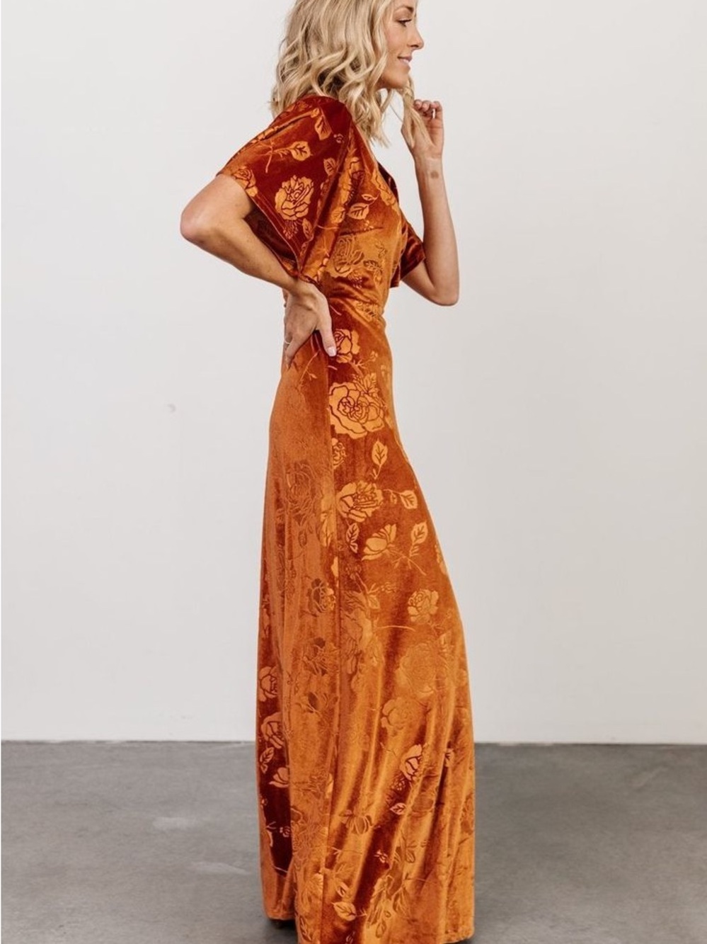 Baltic Born Burnt Orange Floral Velvet Maxi Dress